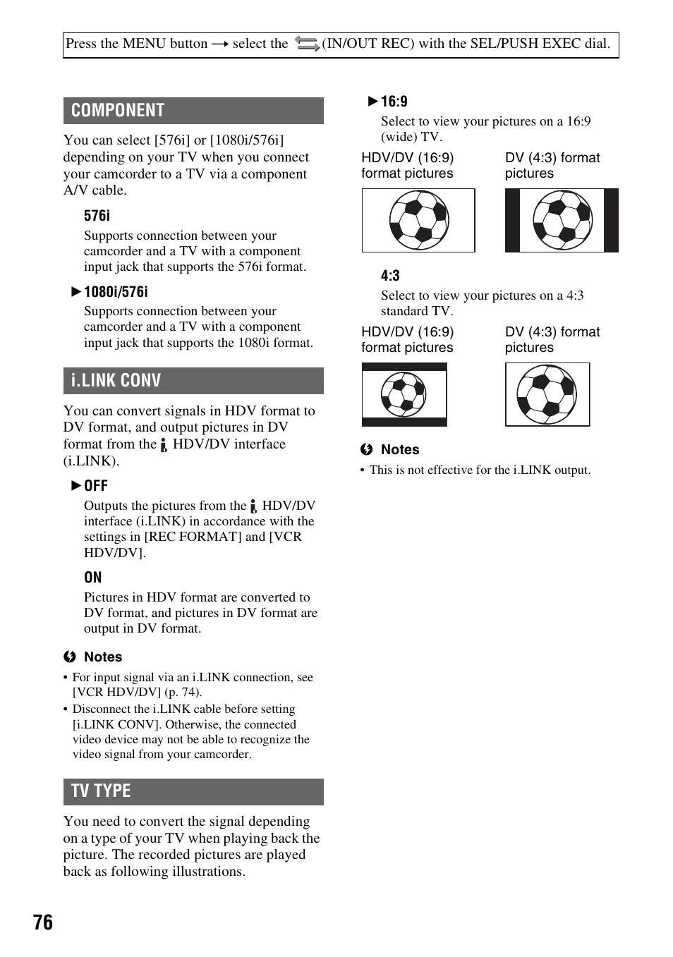 P. 76), Component i.link conv tv type | Sony HANDYCAM HDR-FX1000E User Manual | Page 76 / 131