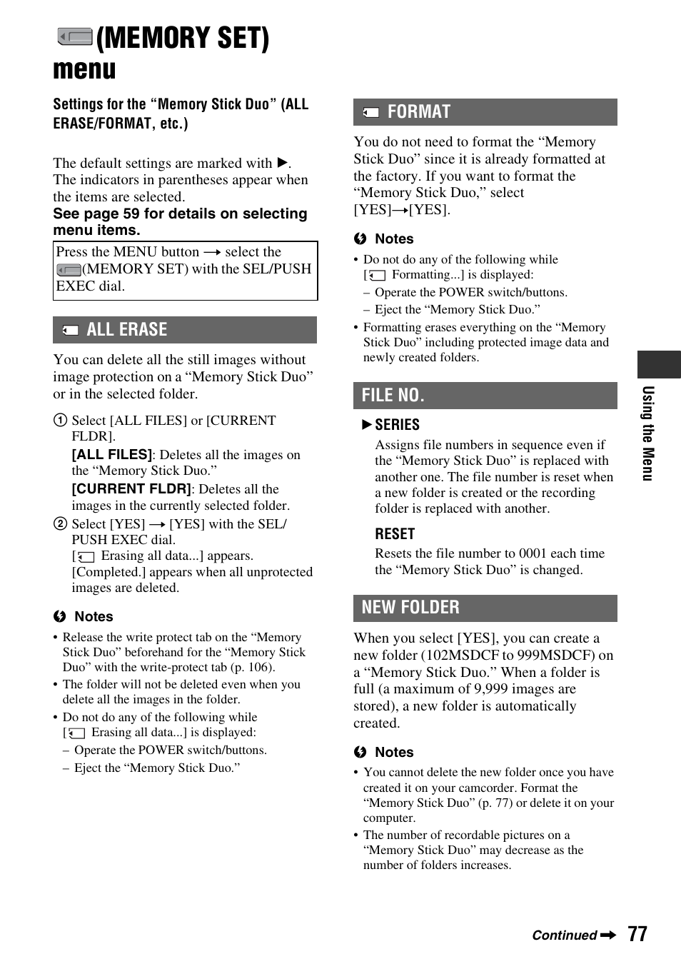 Memory set) menu, P. 77), All erase | Format file no. new folder | Sony HANDYCAM HDR-FX1000E User Manual | Page 77 / 131