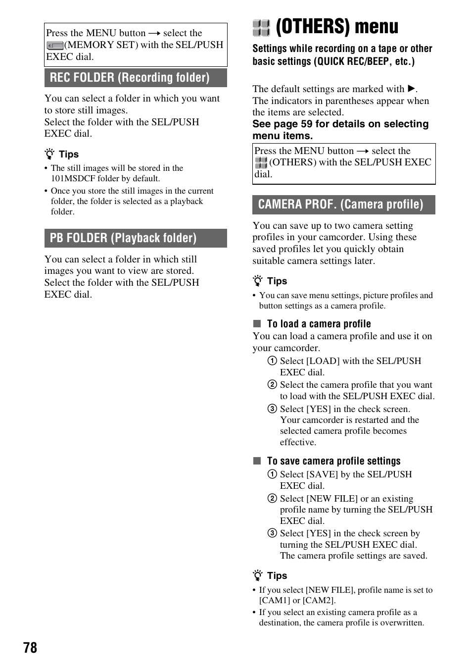 Others) menu, P. 78), Camera prof. (camera profile) | Sony HANDYCAM HDR-FX1000E User Manual | Page 78 / 131