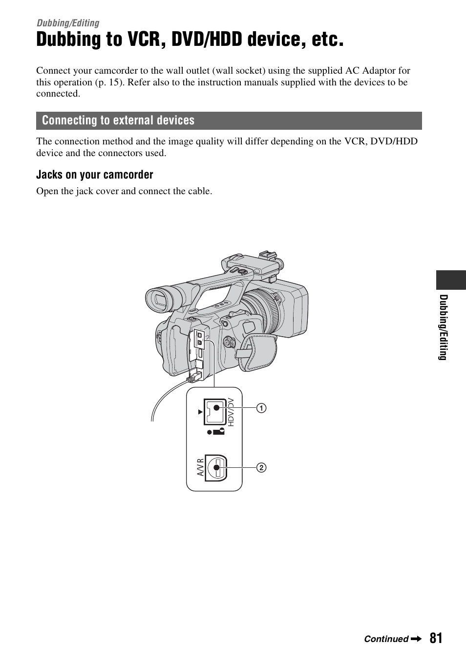 Dubbing/editing, Dubbing to vcr, dvd/hdd device, etc, P. 81) | P. 81 | Sony HANDYCAM HDR-FX1000E User Manual | Page 81 / 131