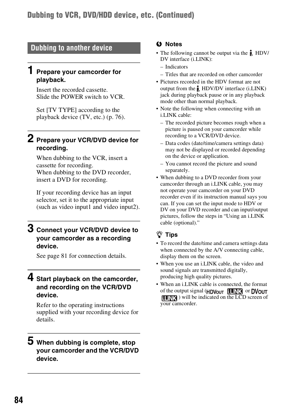 Dubbing to vcr, dvd/hdd device, etc. (continued) | Sony HANDYCAM HDR-FX1000E User Manual | Page 84 / 131