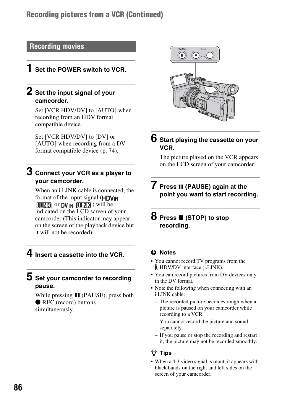 Recording pictures from a vcr (continued) | Sony HANDYCAM HDR-FX1000E User Manual | Page 86 / 131