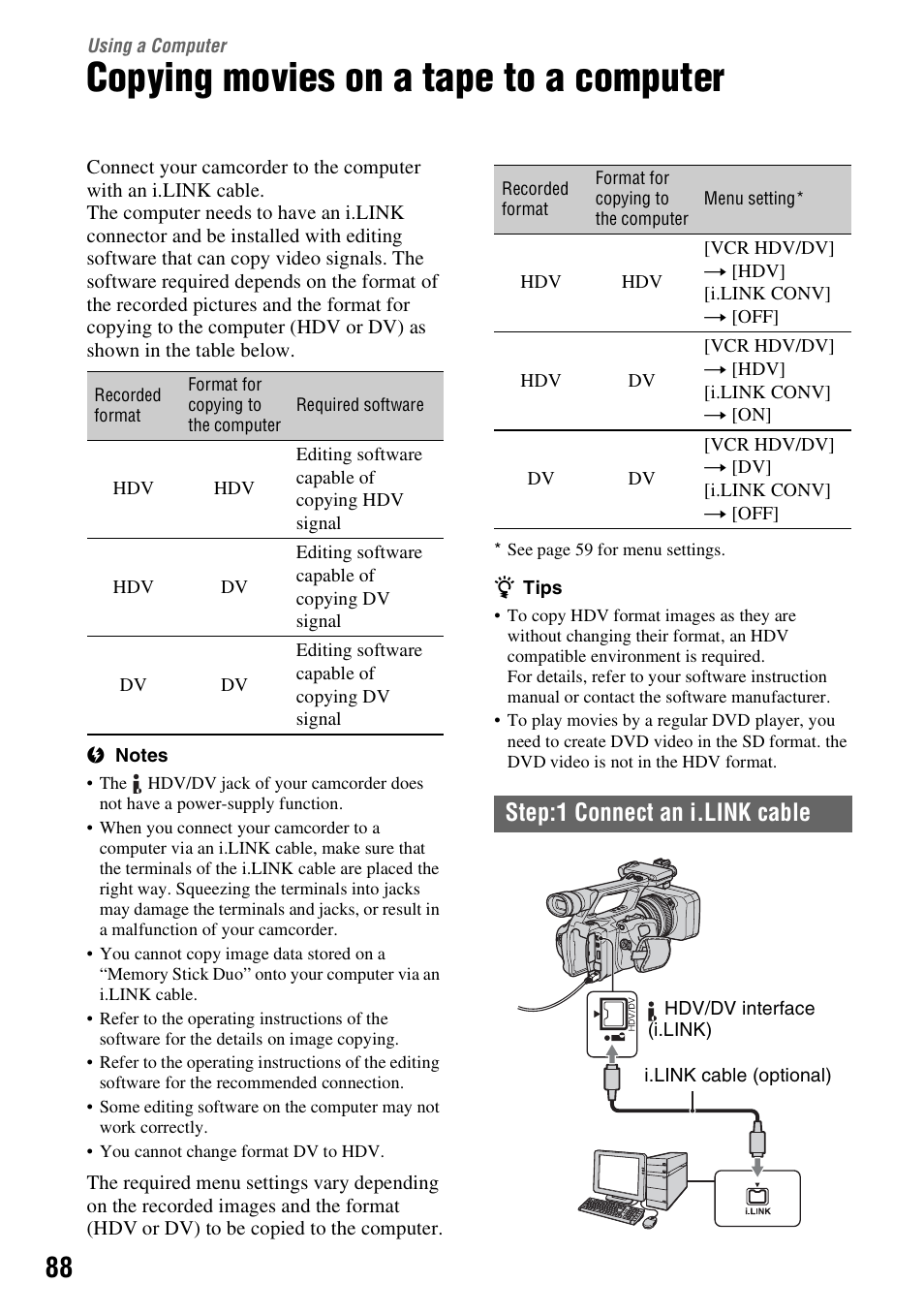 Using a computer, Copying movies on a tape to a computer, P. 88) | Step:1 connect an i.link cable | Sony HANDYCAM HDR-FX1000E User Manual | Page 88 / 131