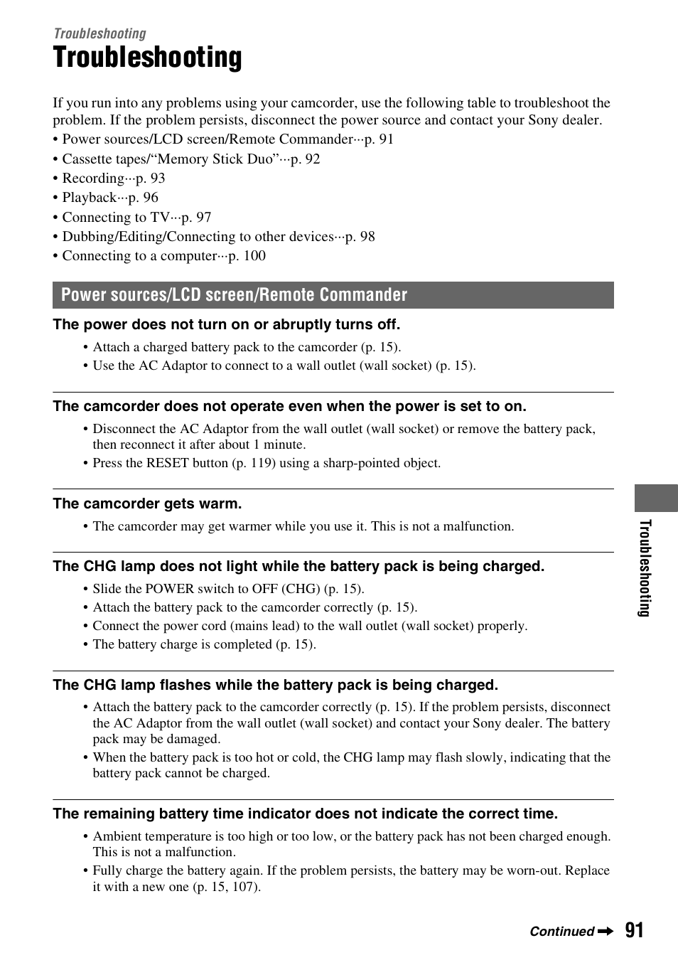 Troubleshooting, Power sources/lcd screen/remote commander | Sony HANDYCAM HDR-FX1000E User Manual | Page 91 / 131