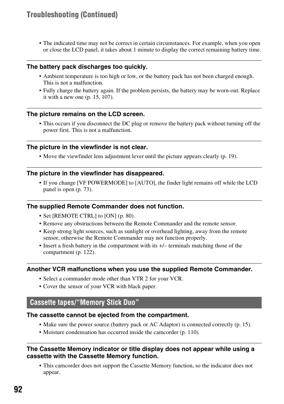 P. 92, Troubleshooting (continued) | Sony HANDYCAM HDR-FX1000E User Manual | Page 92 / 131