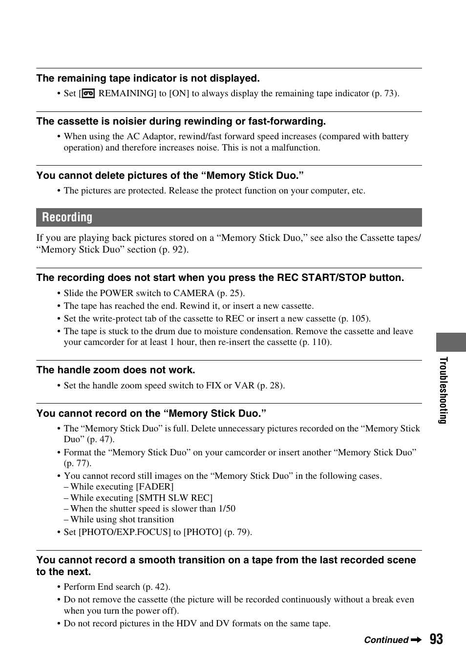 P. 93), P. 93, Recording | Sony HANDYCAM HDR-FX1000E User Manual | Page 93 / 131