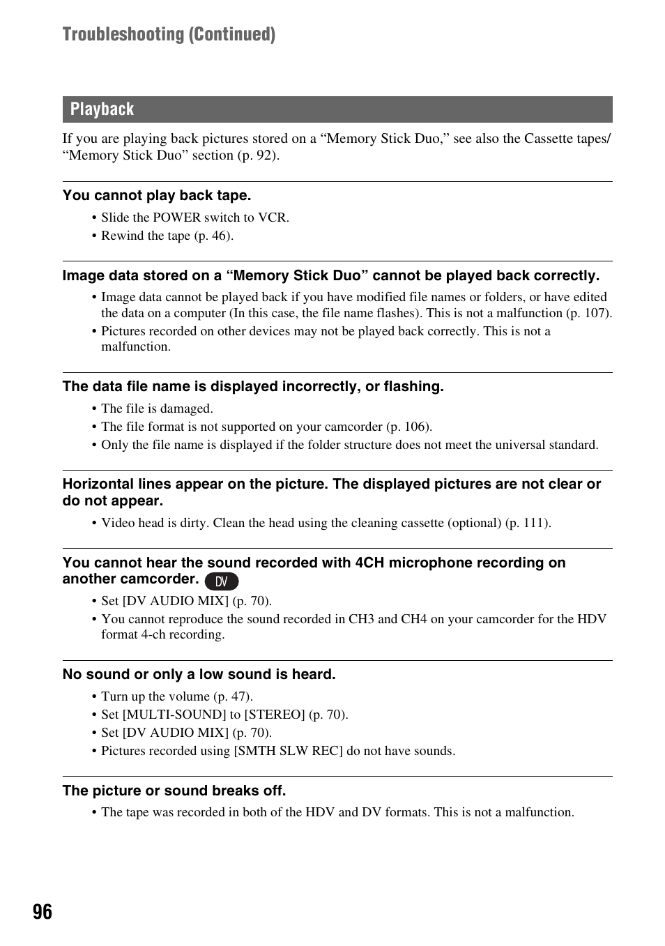 P. 96, Troubleshooting (continued), Playback | Sony HANDYCAM HDR-FX1000E User Manual | Page 96 / 131