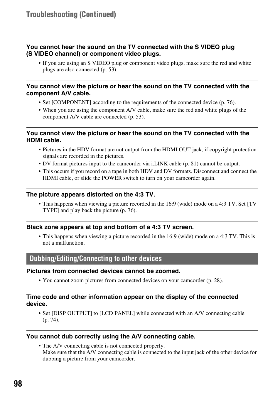 P. 98, Troubleshooting (continued), Dubbing/editing/connecting to other devices | Sony HANDYCAM HDR-FX1000E User Manual | Page 98 / 131