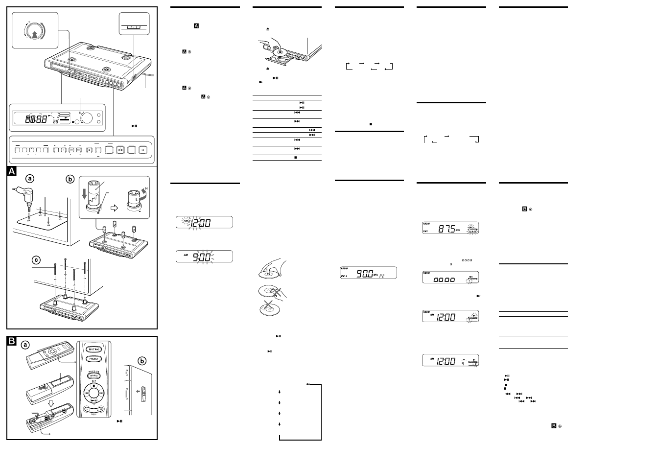 Push start/stop, Station select/ preset, Installing the unit under a cabinet | Setting the clock, Playing a cd, Playing the radio, Improving the reception, Presetting your favourite station, Switching between monaural and stereo, Other useful functions | Sony ICF-CD553RM User Manual | Page 2 / 2