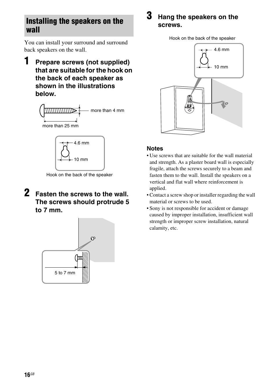 Installing the speakers on the wall | Sony HT DDW1600 User Manual | Page 16 / 80