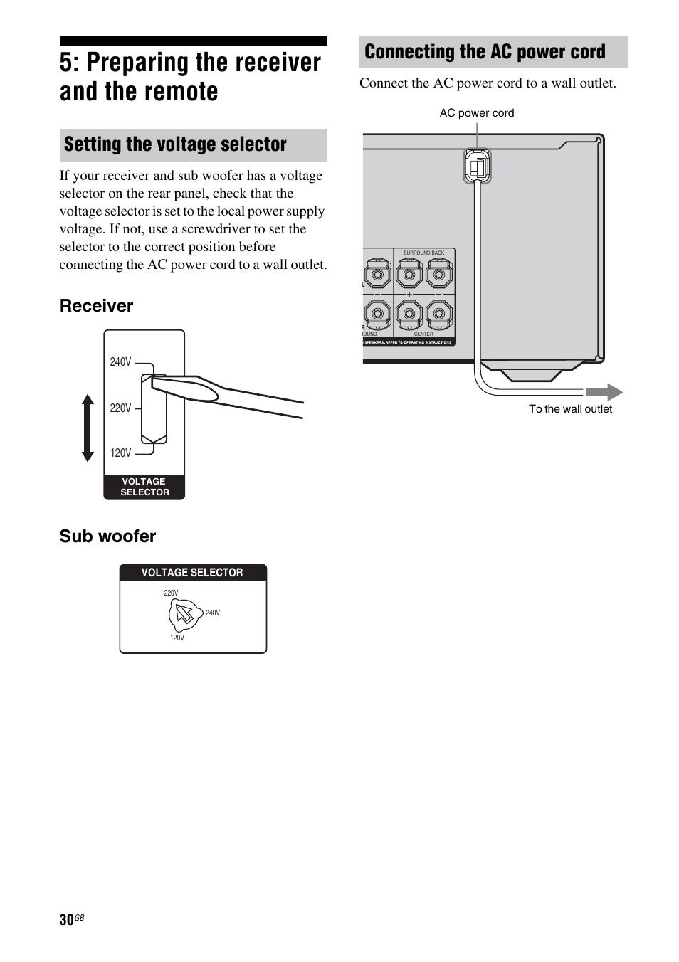Preparing the receiver and the remote, Setting the voltage selector, Connecting the ac power cord | Receiver sub woofer, Connect the ac power cord to a wall outlet | Sony HT DDW1600 User Manual | Page 30 / 80