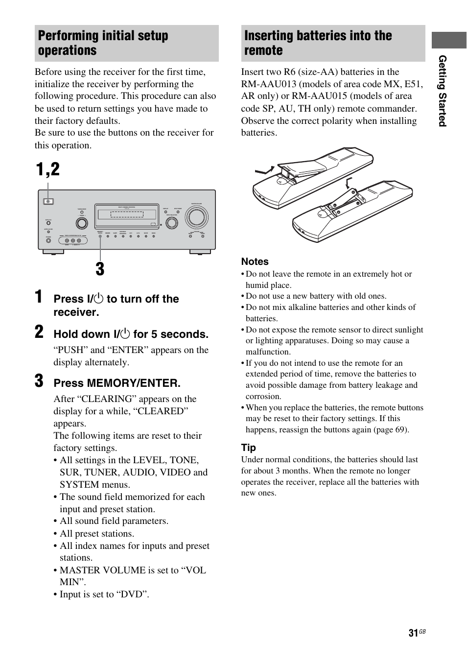 E 31, Performing initial setup operations, Inserting batteries into the remote | Press ? / 1 to turn off the receiver, Hold down ? / 1 for 5 seconds | Sony HT DDW1600 User Manual | Page 31 / 80
