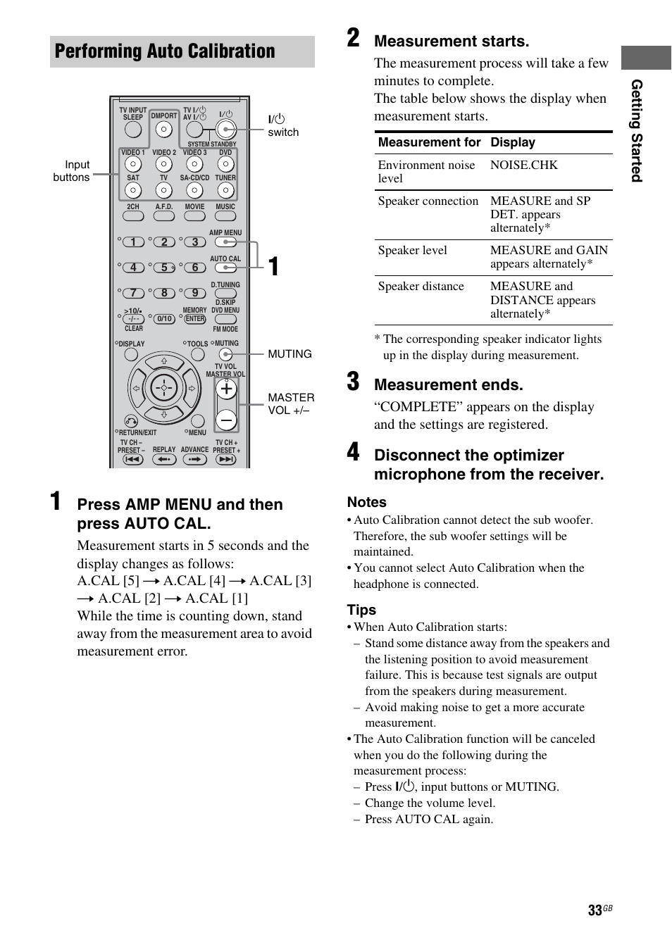 Performing auto calibration, Press amp menu and then press auto cal, Measurement starts | Measurement ends, Getting star ted, Tips | Sony HT DDW1600 User Manual | Page 33 / 80