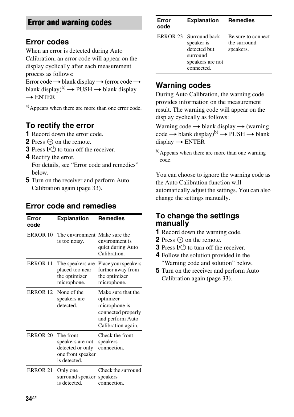 Error and warning codes, Error codes, Error code and remedies warning codes | Sony HT DDW1600 User Manual | Page 34 / 80