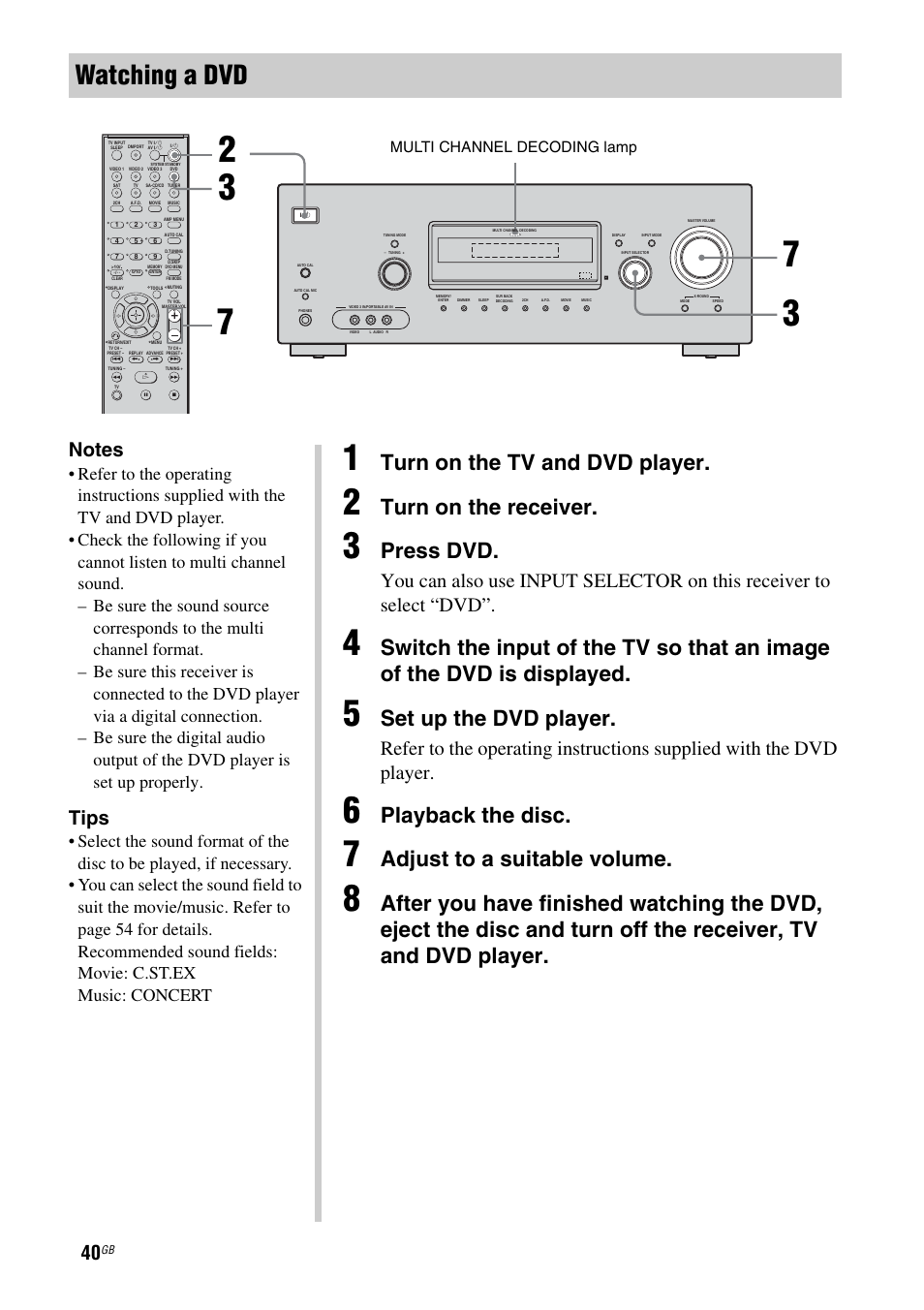 Watching a dvd, Turn on the tv and dvd player, Turn on the receiver | Press dvd, Set up the dvd player, Playback the disc, Adjust to a suitable volume, Tips, Multi channel decoding lamp | Sony HT DDW1600 User Manual | Page 40 / 80