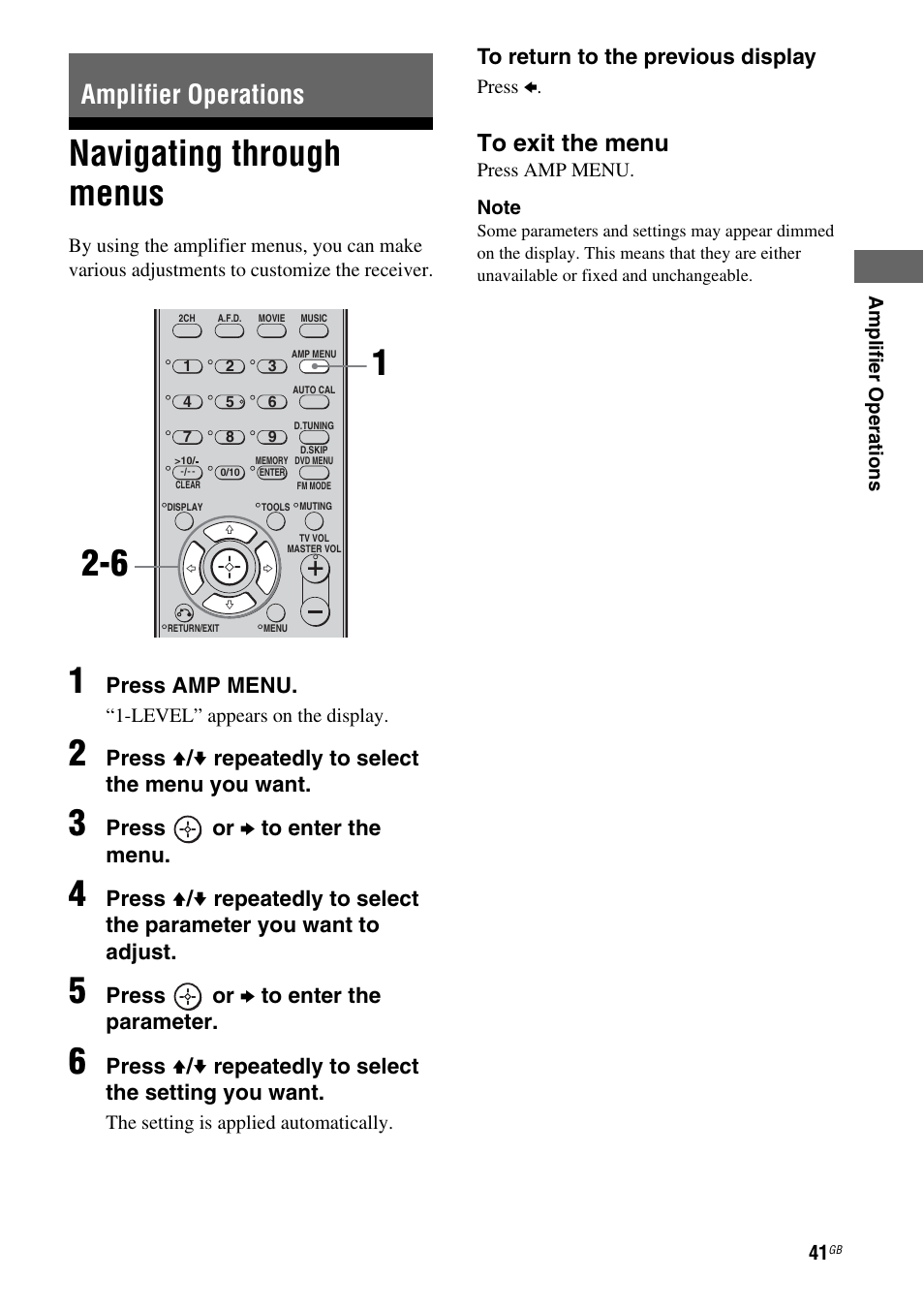 Amplifier operations, Navigating through menus | Sony HT DDW1600 User Manual | Page 41 / 80