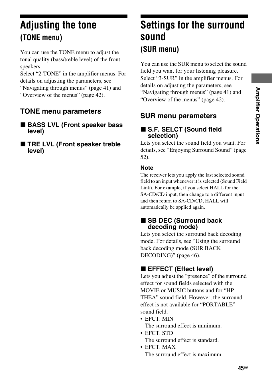 Adjusting the tone (tone menu), Settings for the surround sound (sur menu), Sur menu) | Adjusting the tone, Settings for the surround sound, Tone menu) | Sony HT DDW1600 User Manual | Page 45 / 80