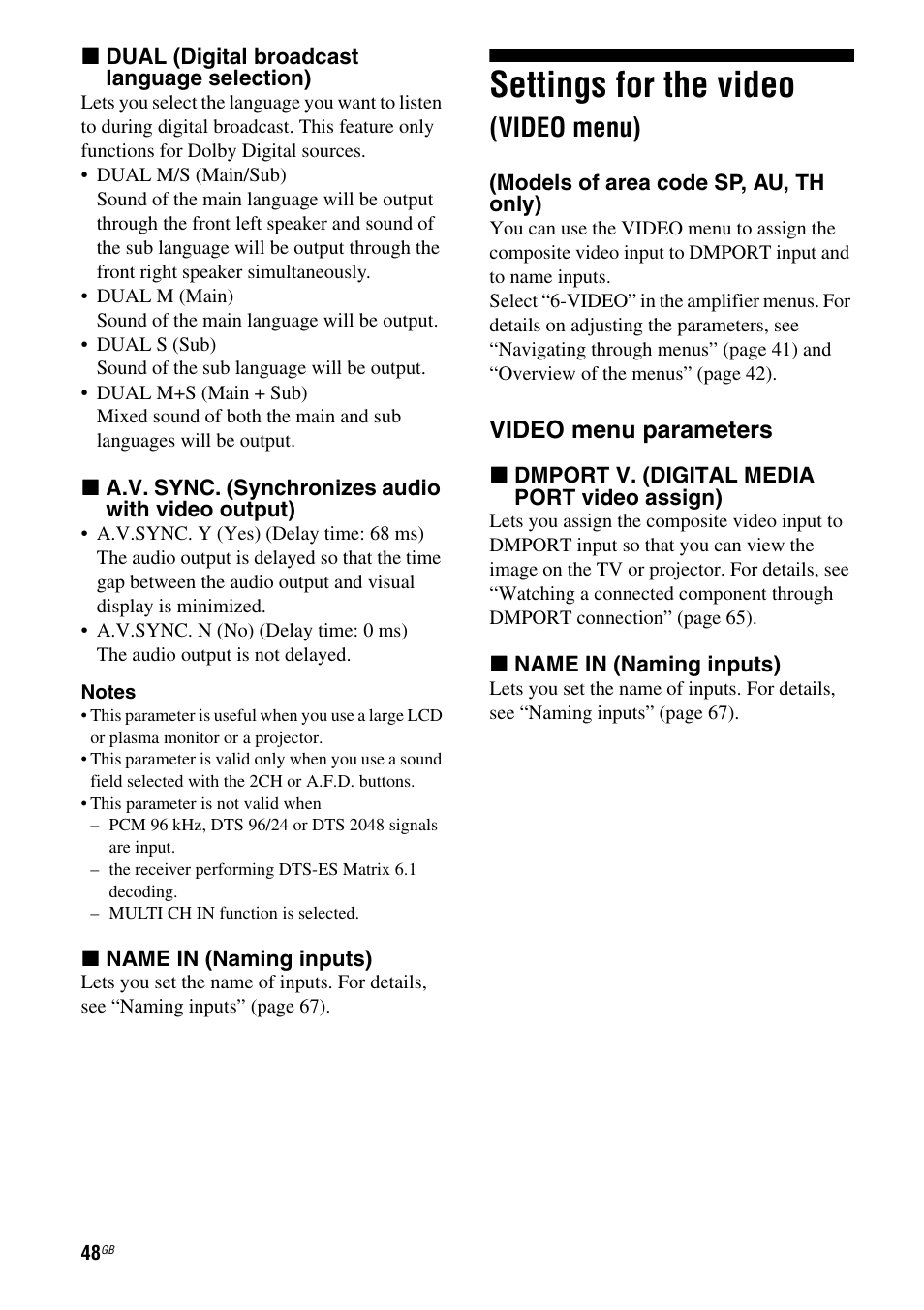 Settings for the video (video menu), Models of area code sp, au, th only), O (48) | Settings for the video, Video menu), Video menu parameters | Sony HT DDW1600 User Manual | Page 48 / 80