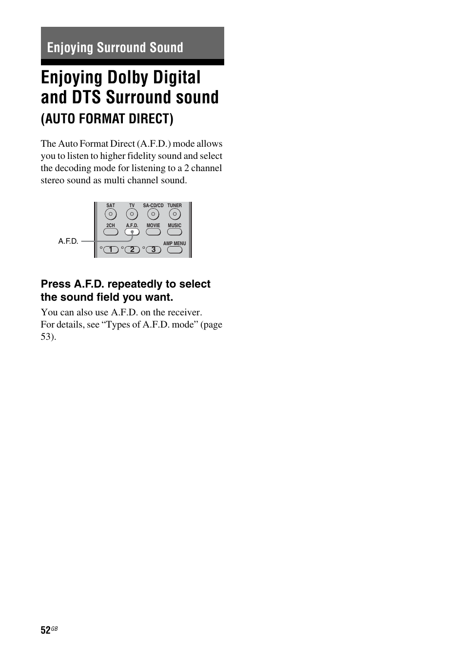 Enjoying surround sound, Enjoying dolby digital and dts surround, Sound (auto format direct) | Enjoying dolby digital and dts surround sound, Auto format direct) | Sony HT DDW1600 User Manual | Page 52 / 80