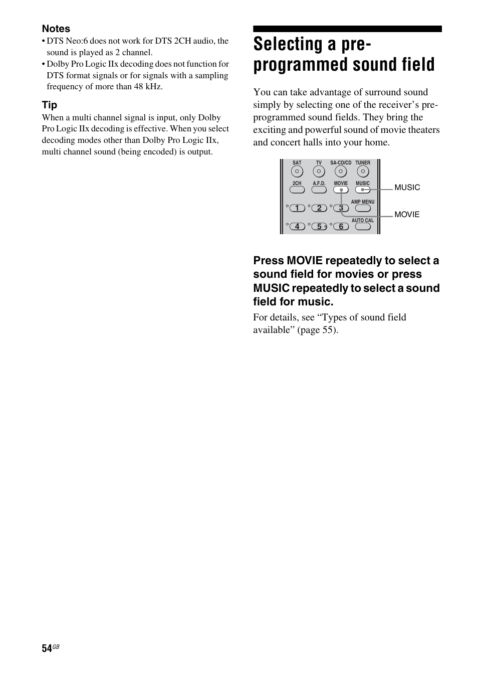 Selecting a pre- programmed sound field, Selecting a pre-programmed sound field | Sony HT DDW1600 User Manual | Page 54 / 80