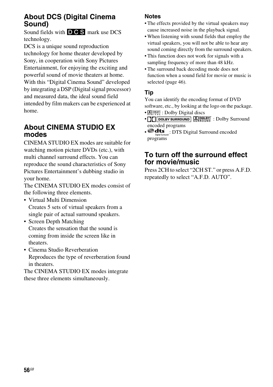 About dcs (digital cinema sound), About cinema studio ex modes | Sony HT DDW1600 User Manual | Page 56 / 80