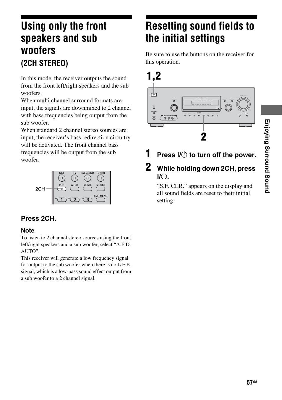 Resetting sound fields to the initial settings, Using only the front speakers and sub, Woofers (2ch stereo) | Resetting sound fields to the initial, Settings, Using only the front speakers and sub woofers, 2ch stereo), Press 2ch, Press ? / 1 to turn off the power, While holding down 2ch, press ? / 1 | Sony HT DDW1600 User Manual | Page 57 / 80