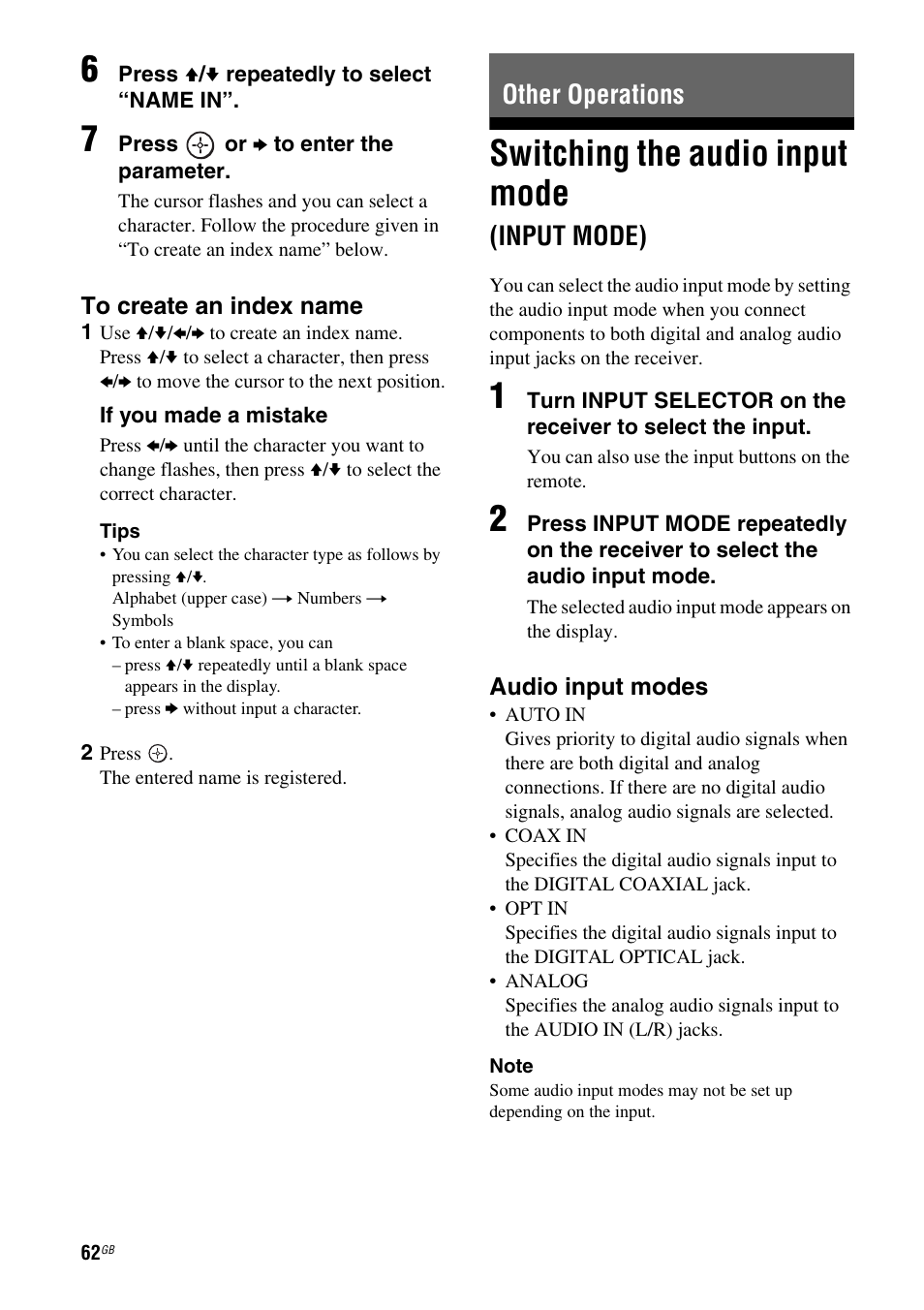 Other operations, Switching the audio input mode (input mode), Switching the audio input mode | Input mode) | Sony HT DDW1600 User Manual | Page 62 / 80