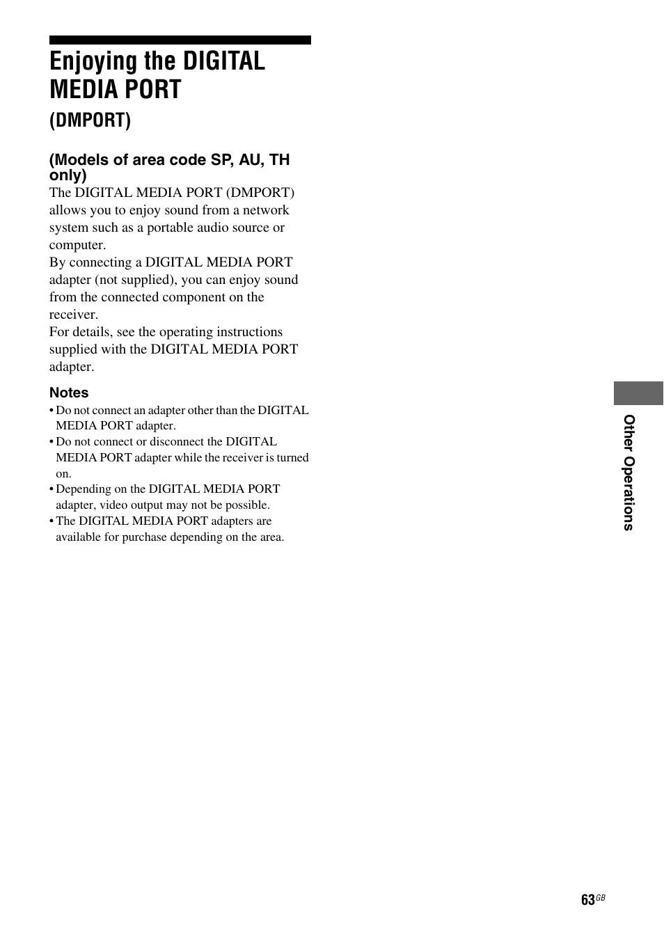 Enjoying the digital media port (dmport), Enjoying the digital media port, Dmport) (models of area code sp, au, th only) | Dmport) | Sony HT DDW1600 User Manual | Page 63 / 80