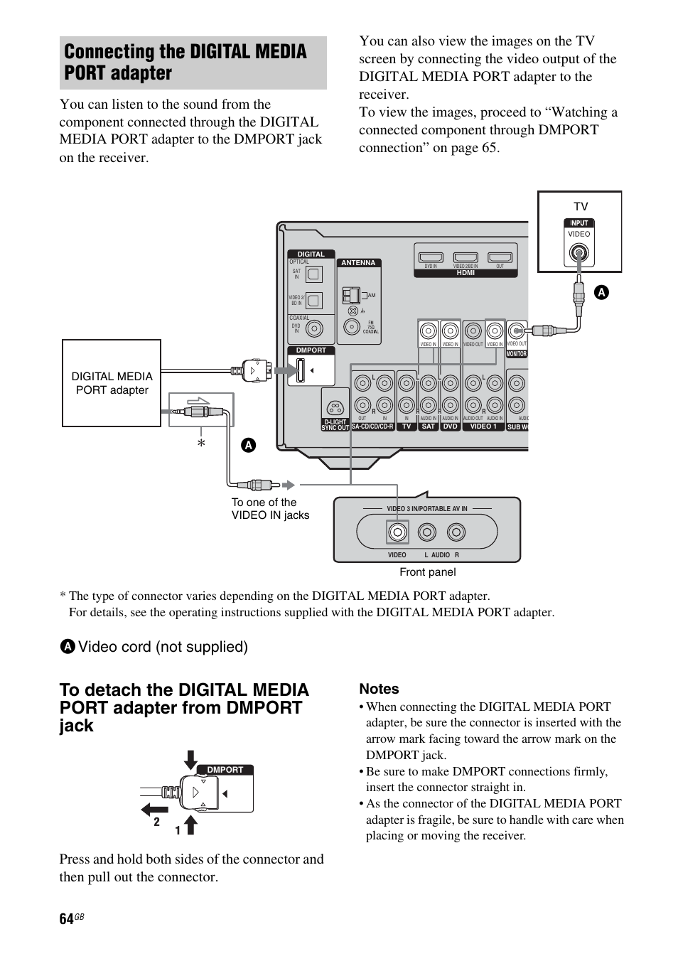 Connecting the digital media port adapter, Avideo cord (not supplied) | Sony HT DDW1600 User Manual | Page 64 / 80