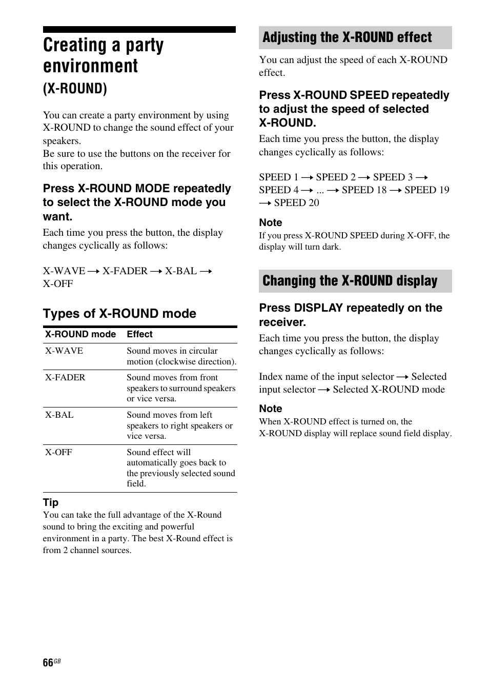 Creating a party environment (x-round), Creating a party environment, X-round) | Age 66, Types of x-round mode | Sony HT DDW1600 User Manual | Page 66 / 80