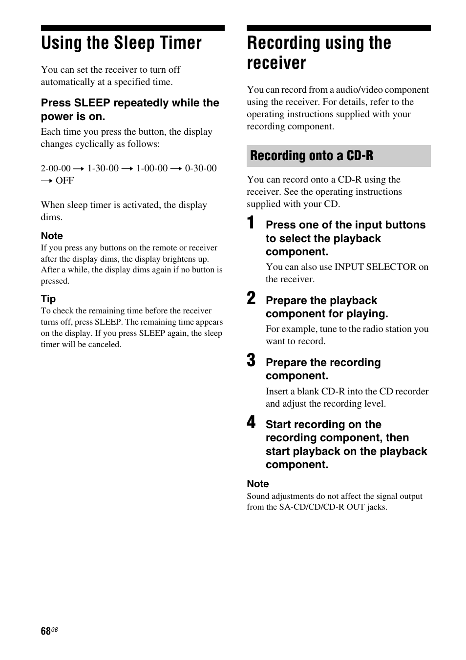 Using the sleep timer, Recording using the receiver, Using the sleep timer recording using the receiver | Recording onto a cd-r | Sony HT DDW1600 User Manual | Page 68 / 80