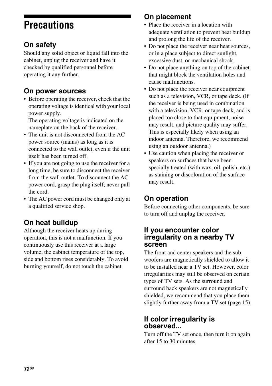 Precautions | Sony HT DDW1600 User Manual | Page 72 / 80