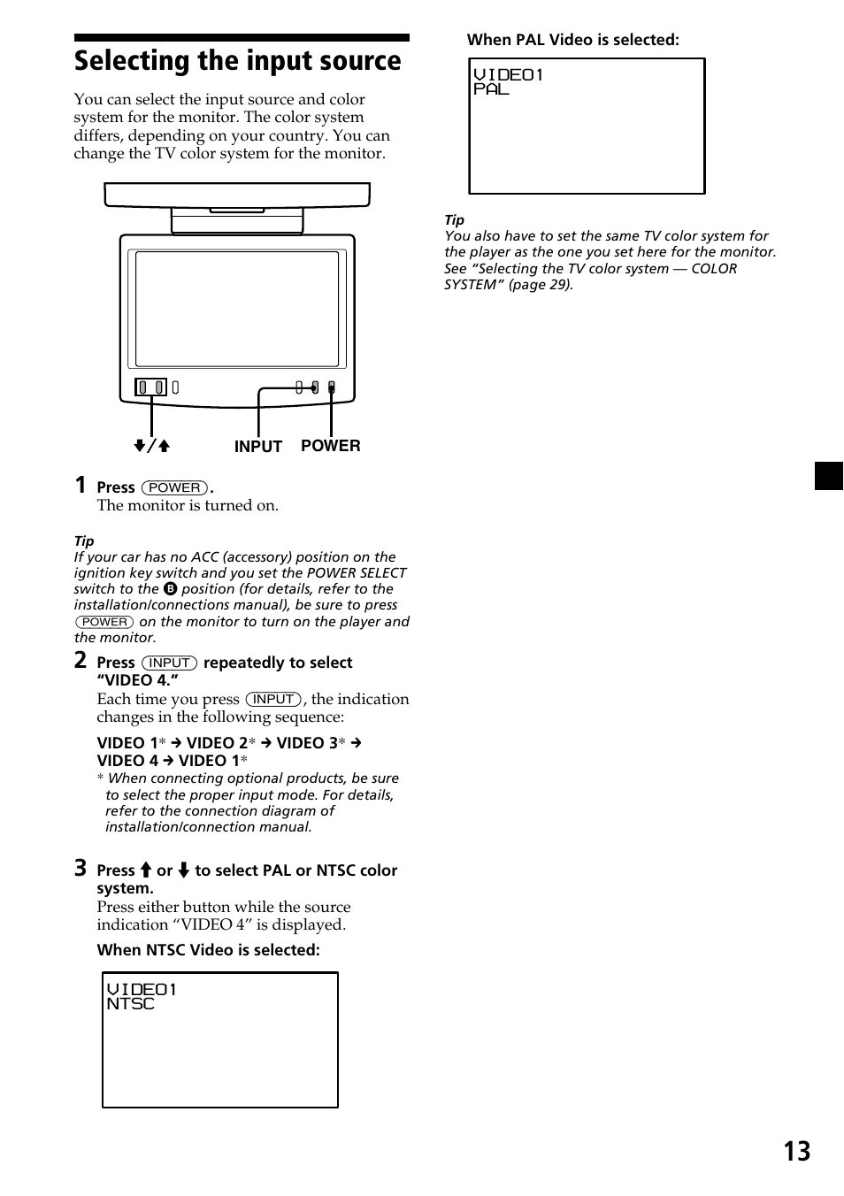 Selecting the input source | Sony MV-7101DS User Manual | Page 13 / 48