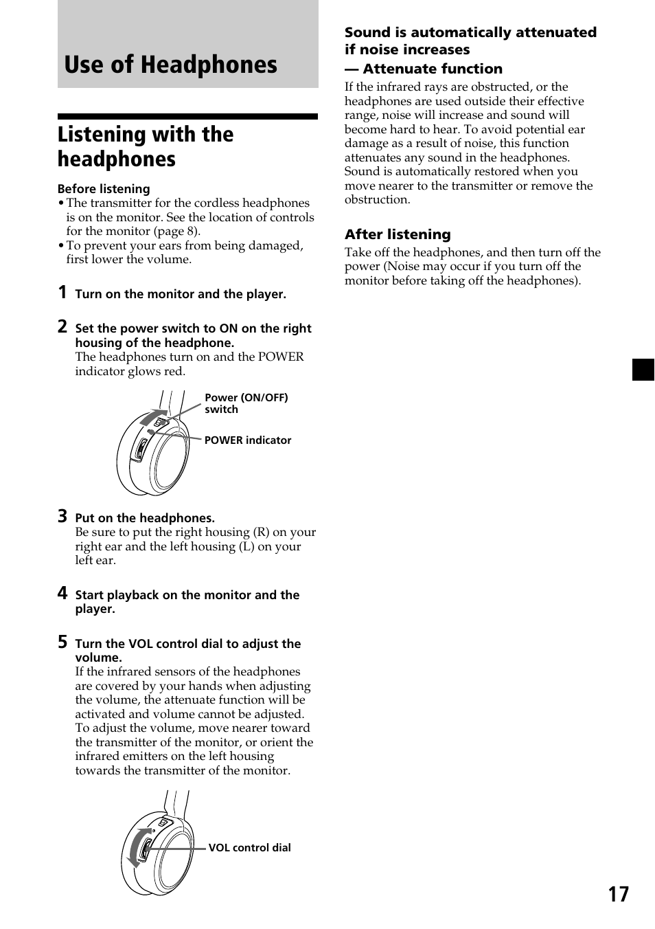 Listening with the headphones, Use of headphones | Sony MV-7101DS User Manual | Page 17 / 48