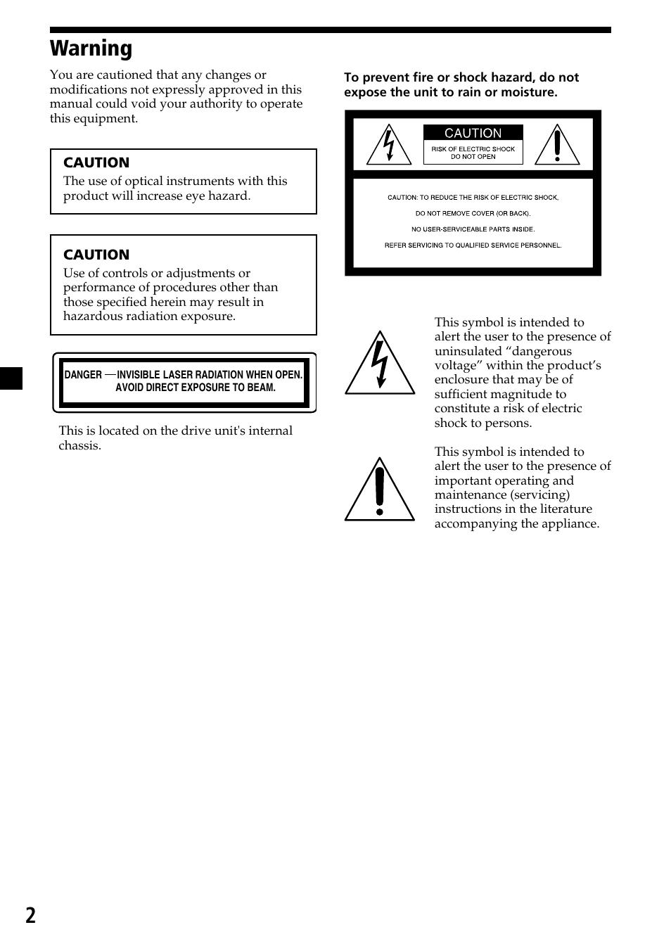 Warning | Sony MV-7101DS User Manual | Page 2 / 48