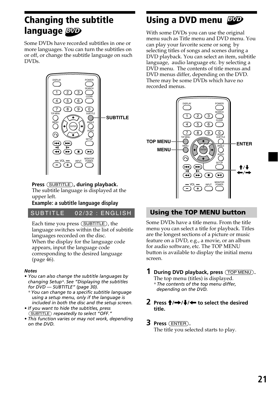 Changing the subtitle language, Using a dvd menu, Using the top menu button | 21 using a dvd menu, Example: a subtitle language display, Press m / , / m / < to select the desired title | Sony MV-7101DS User Manual | Page 21 / 48