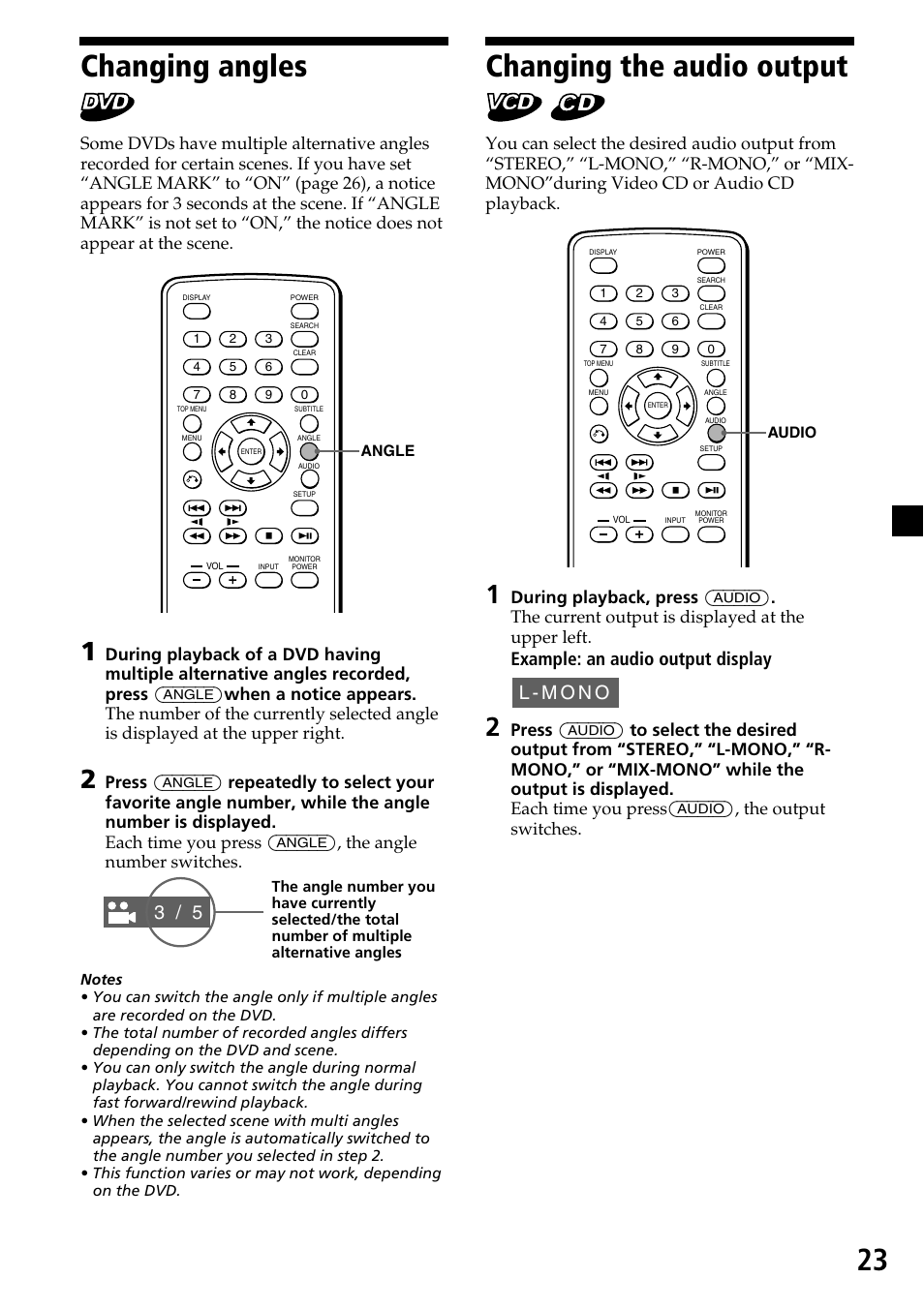 Changing angles, Changing the audio output, 23 changing the audio output | Example: an audio output display, L - m o n o | Sony MV-7101DS User Manual | Page 23 / 48