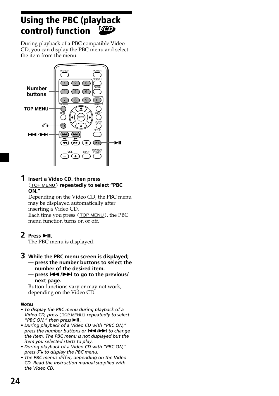 Using the pbc (playback control) function, 24 using the pbc (playback control) function, Press u . the pbc menu is displayed | Number buttons | Sony MV-7101DS User Manual | Page 24 / 48