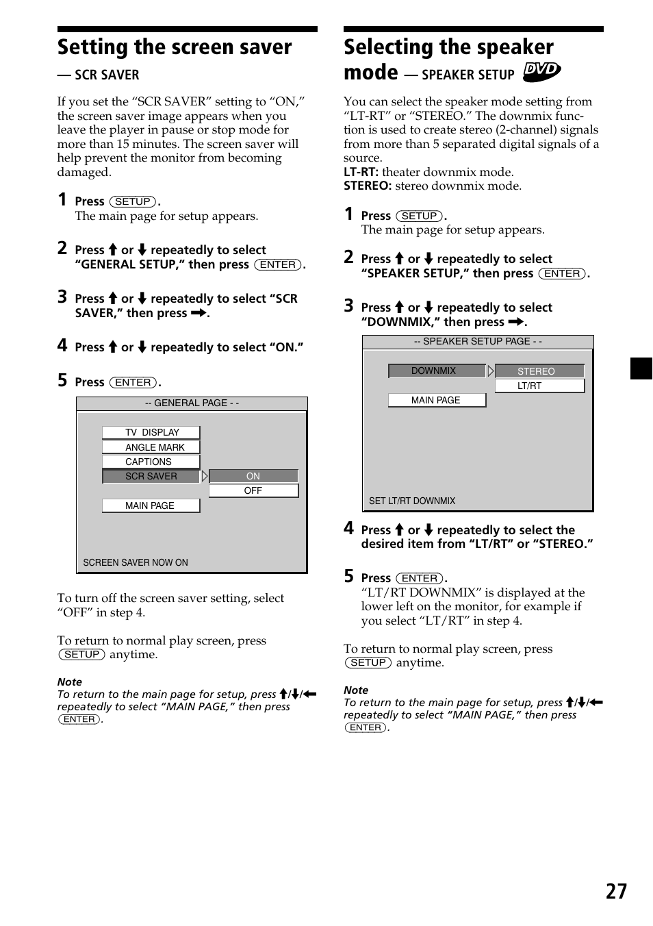 Setting the screen saver — scr saver, Selecting the speaker mode — speaker setup, 27 setting the screen saver | Selecting the speaker mode | Sony MV-7101DS User Manual | Page 27 / 48