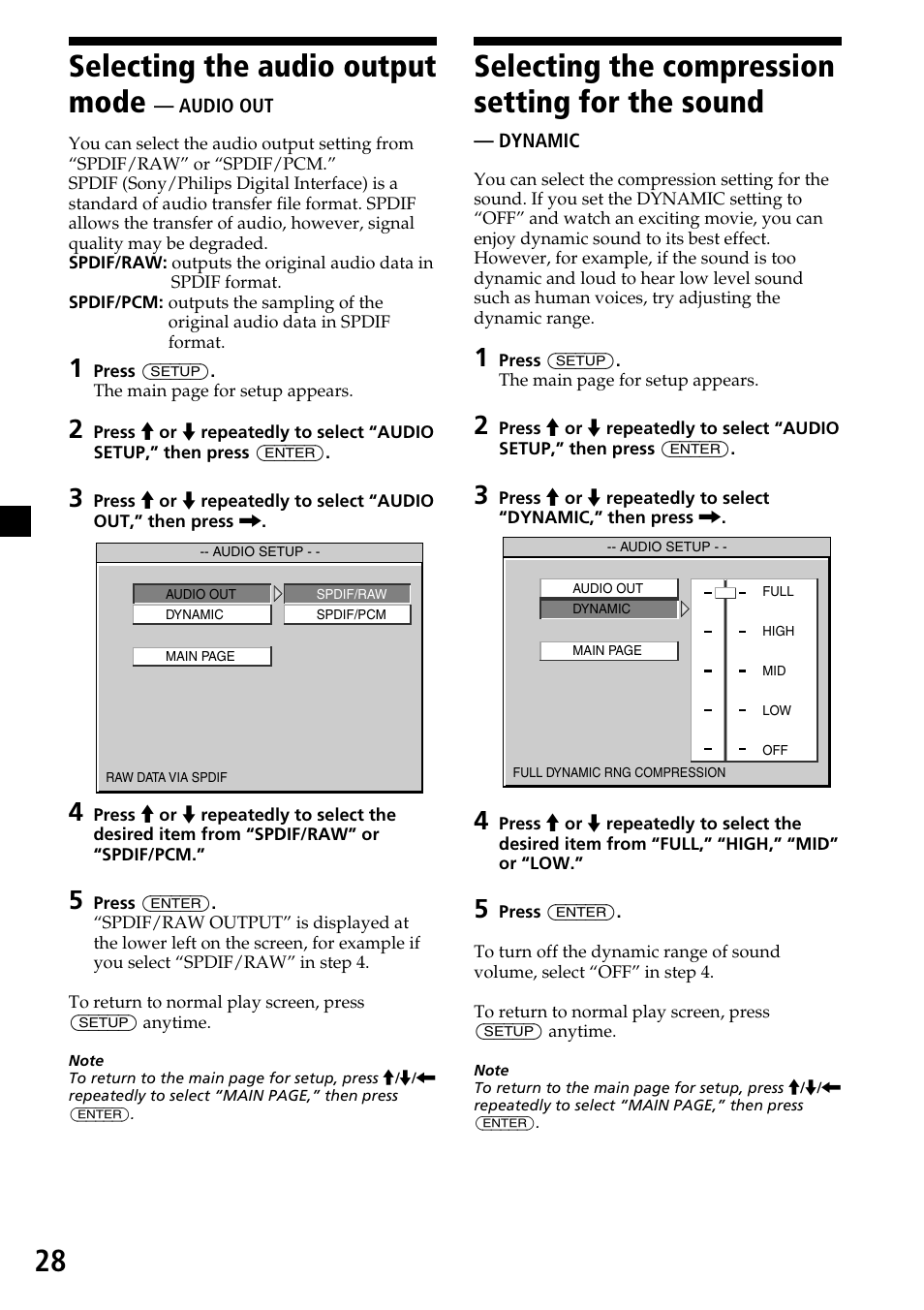 Selecting the audio output mode — audio out, Selecting the setting for the sound — dynamic, 28 selecting the audio output mode | Selecting the compression setting for the sound | Sony MV-7101DS User Manual | Page 28 / 48