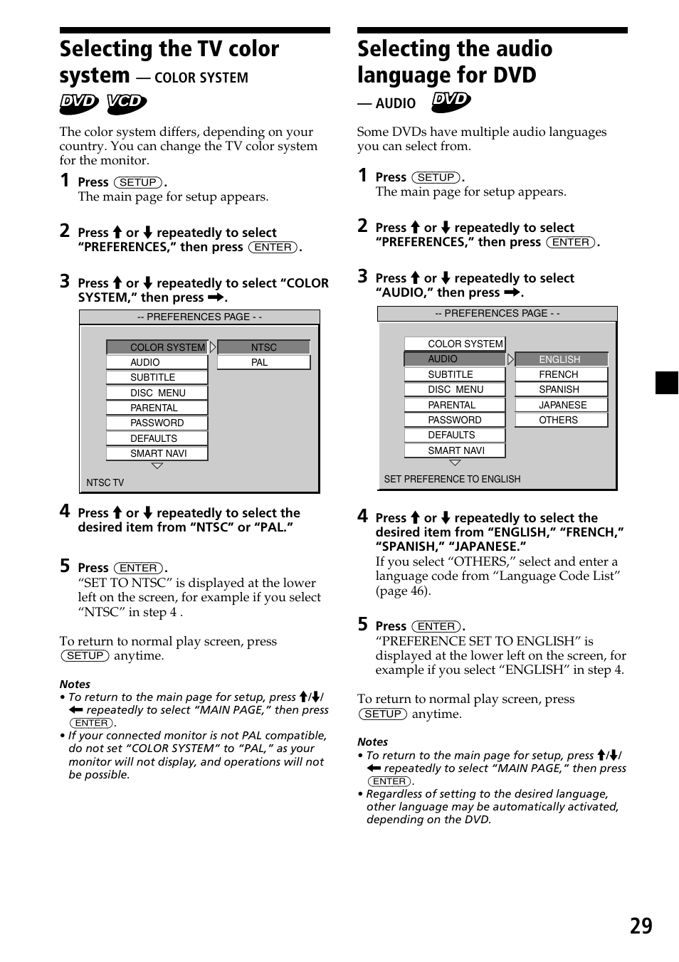Selecting the tv color system — color system, Selecting the audio language for dvd — audio, 29 selecting the tv color system | Selecting the audio language for dvd | Sony MV-7101DS User Manual | Page 29 / 48