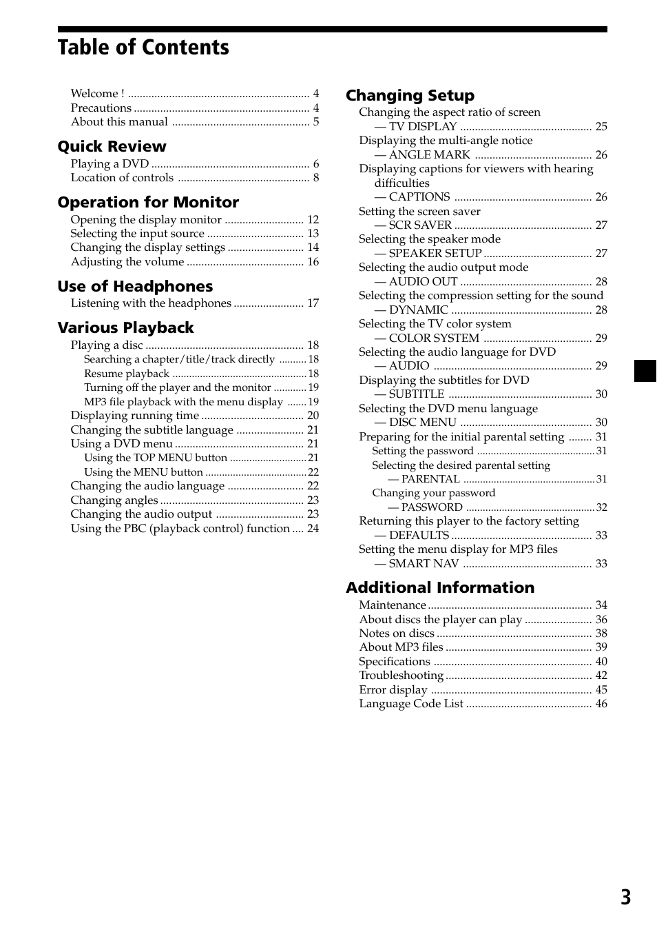 3table of contents, Quick review, Operation for monitor | Use of headphones, Various playback, Changing setup, Additional information | Sony MV-7101DS User Manual | Page 3 / 48