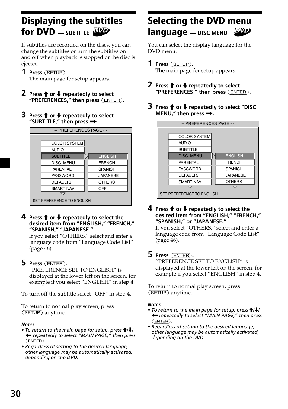 Displaying the subtitles for dvd — subtitle, Selecting the dvd menu language — disc menu, 30 displaying the subtitles for dvd | Selecting the dvd menu language | Sony MV-7101DS User Manual | Page 30 / 48