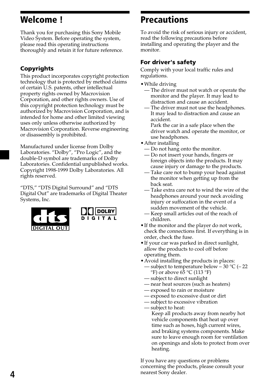 Welcome, Precautions, 4precautions | Sony MV-7101DS User Manual | Page 4 / 48