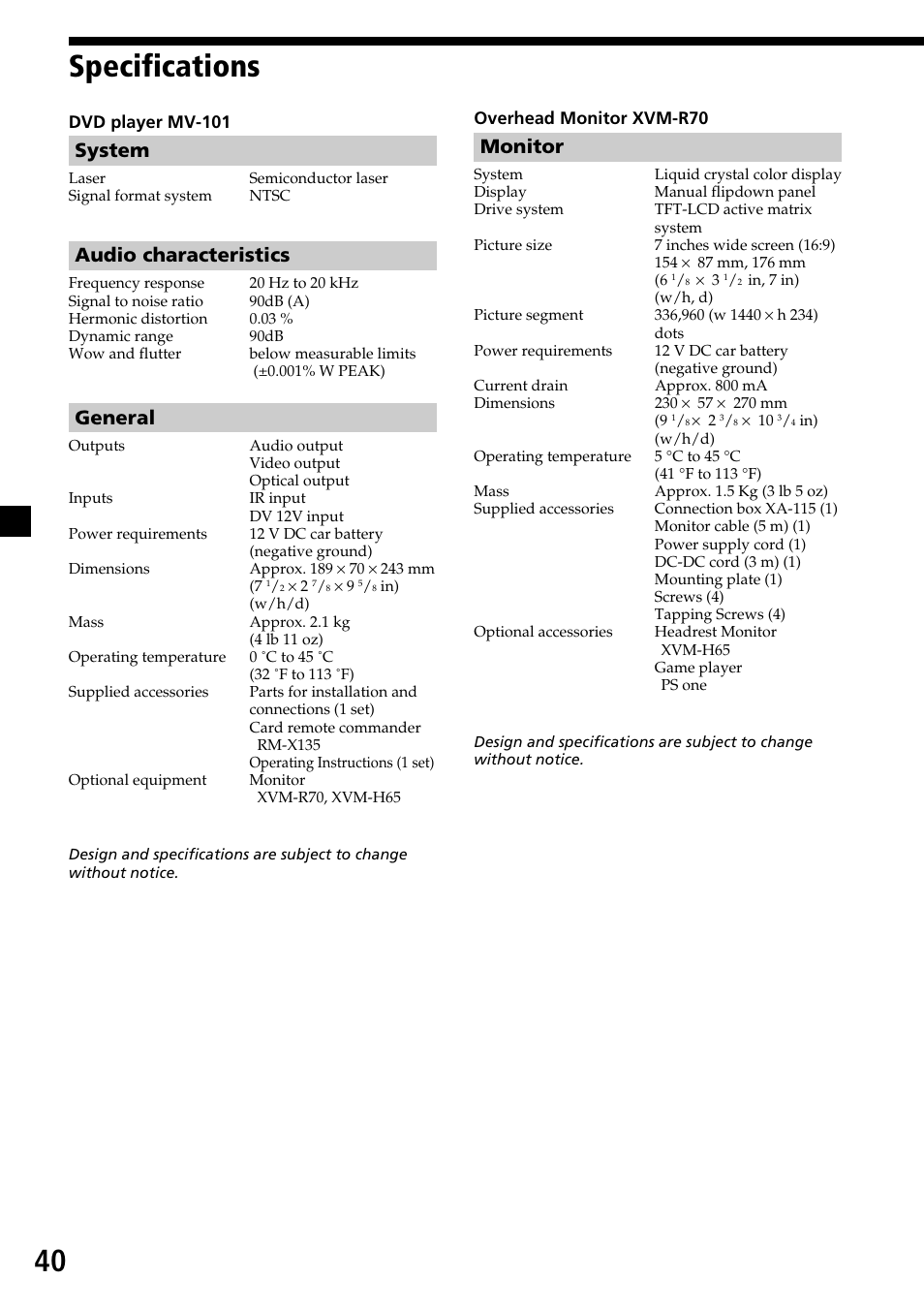 Specifications, 40 specifications, System | Audio characteristics, General, Monitor | Sony MV-7101DS User Manual | Page 40 / 48