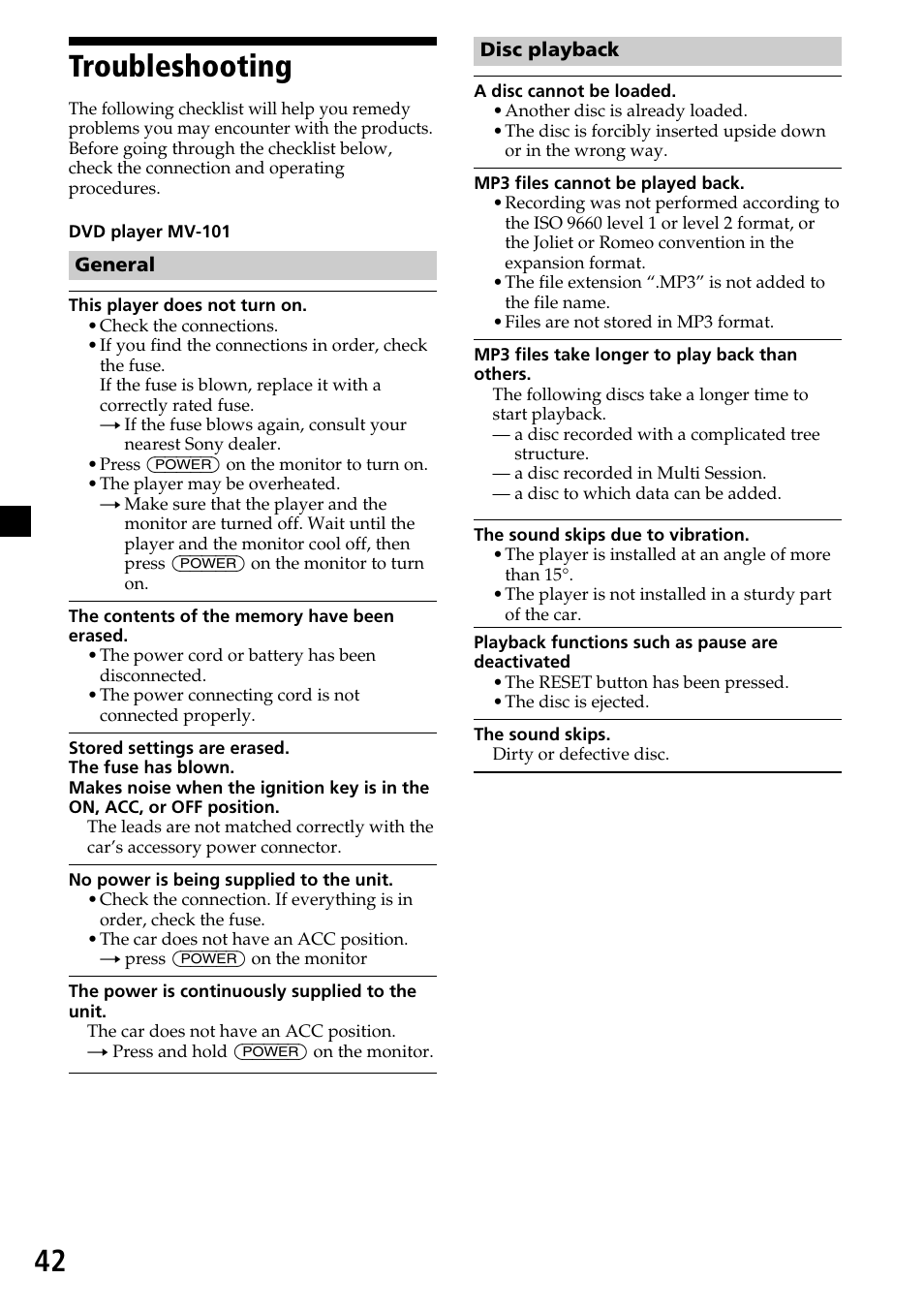 Troubleshooting, 42 troubleshooting | Sony MV-7101DS User Manual | Page 42 / 48