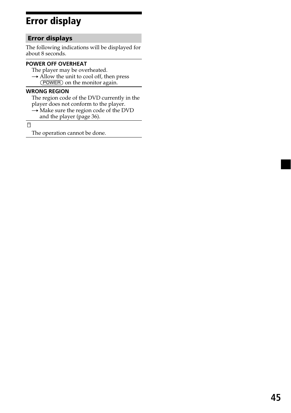 Error display, 45 error display | Sony MV-7101DS User Manual | Page 45 / 48