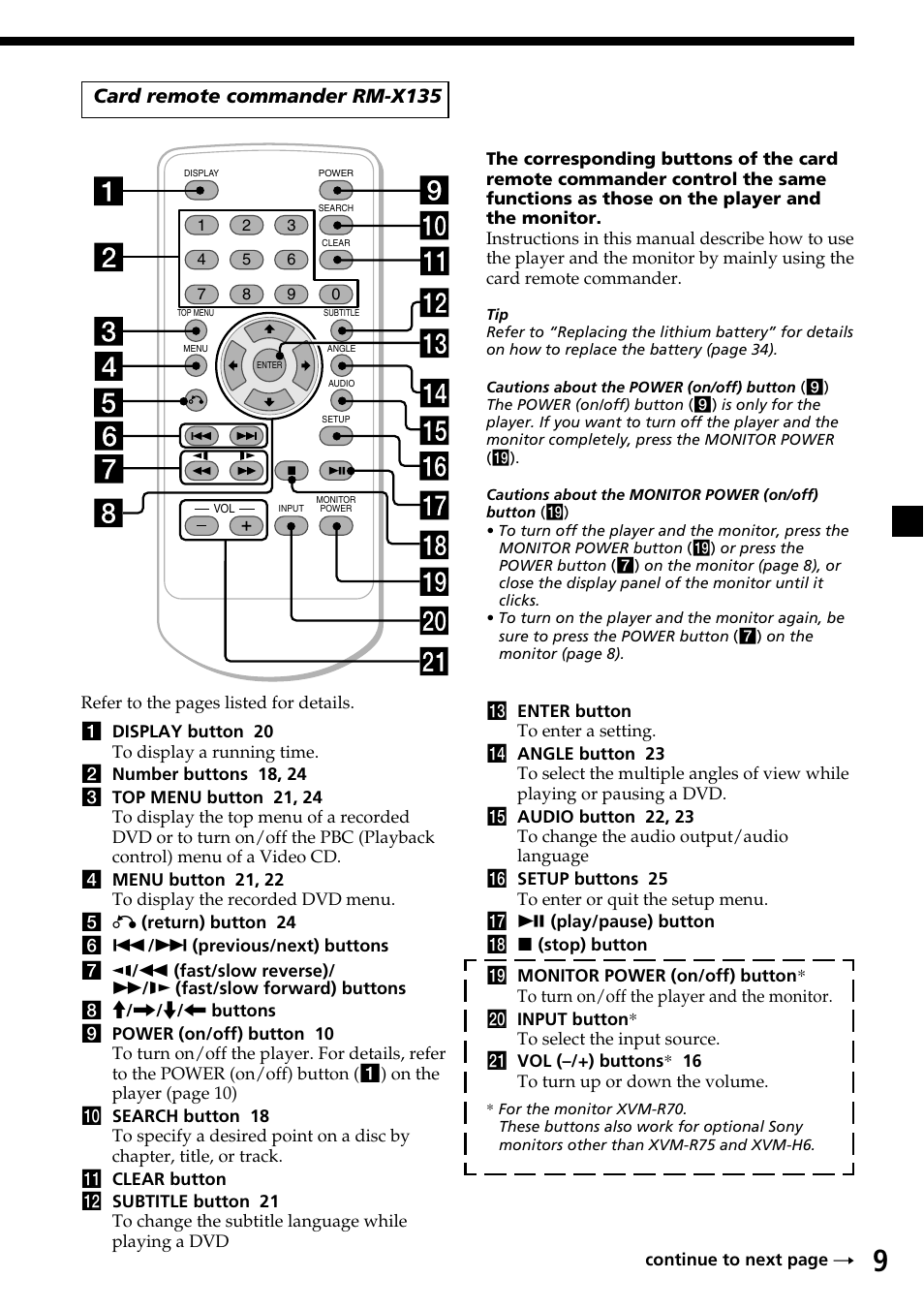 Card remote commander rm-x135 | Sony MV-7101DS User Manual | Page 9 / 48