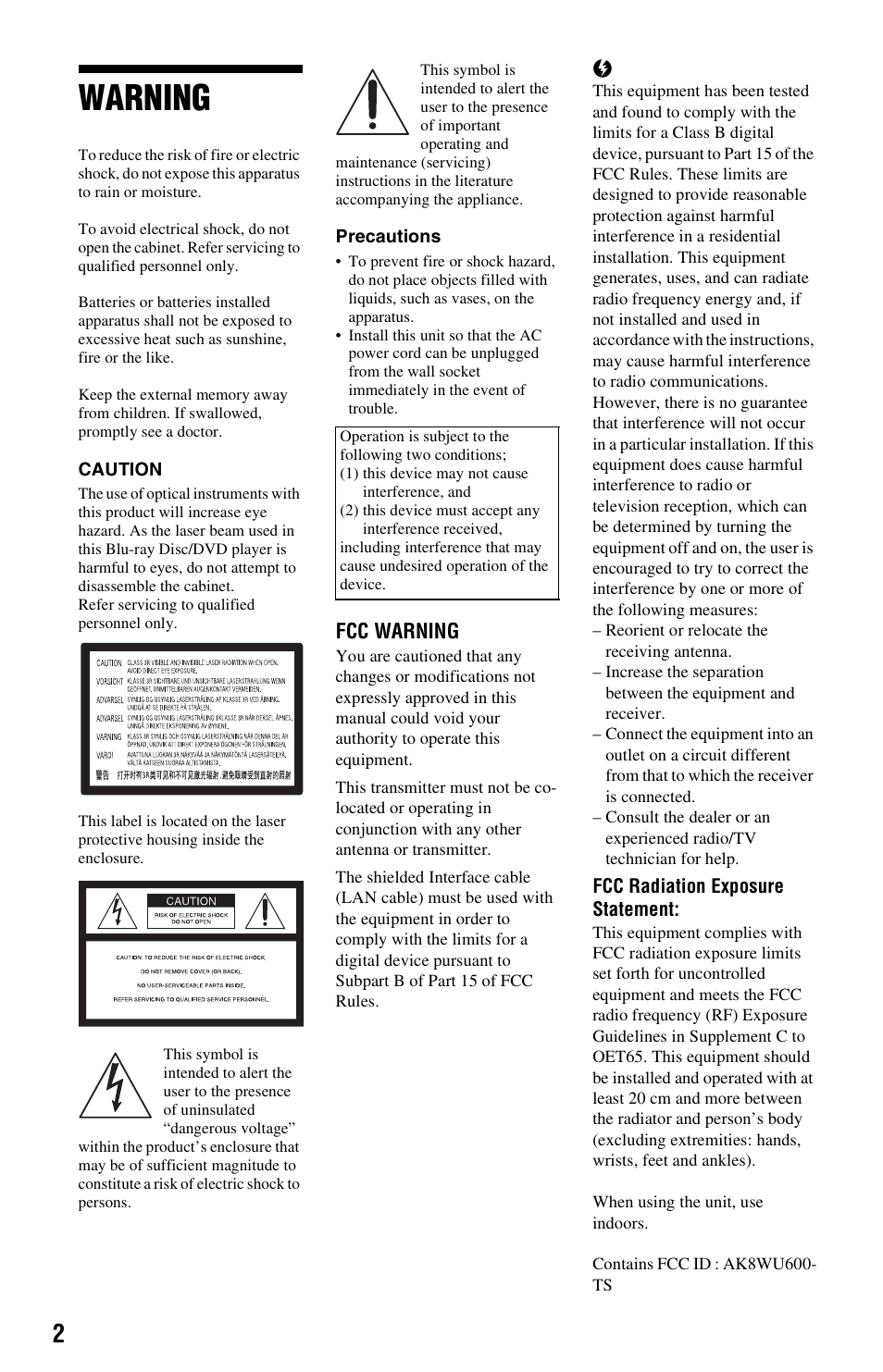 Warning, Fcc warning | Sony BDP-S1000ES User Manual | Page 2 / 95