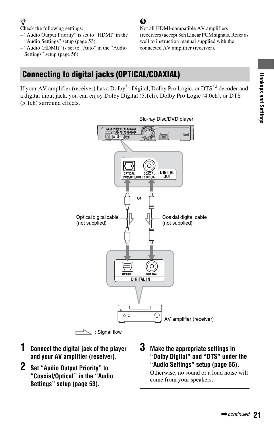 Connecting to digital jacks (optical/coaxial) | Sony BDP-S1000ES User Manual | Page 21 / 95